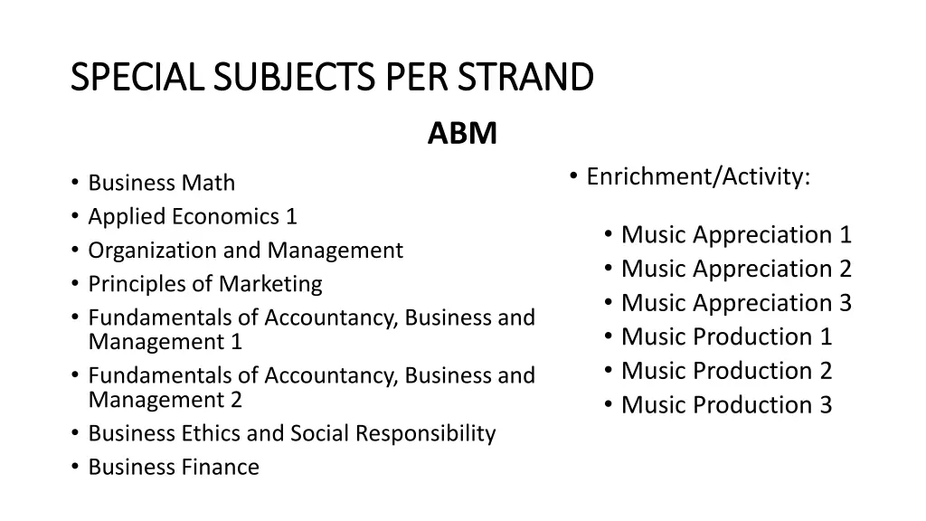 special subjects per strand special subjects 1