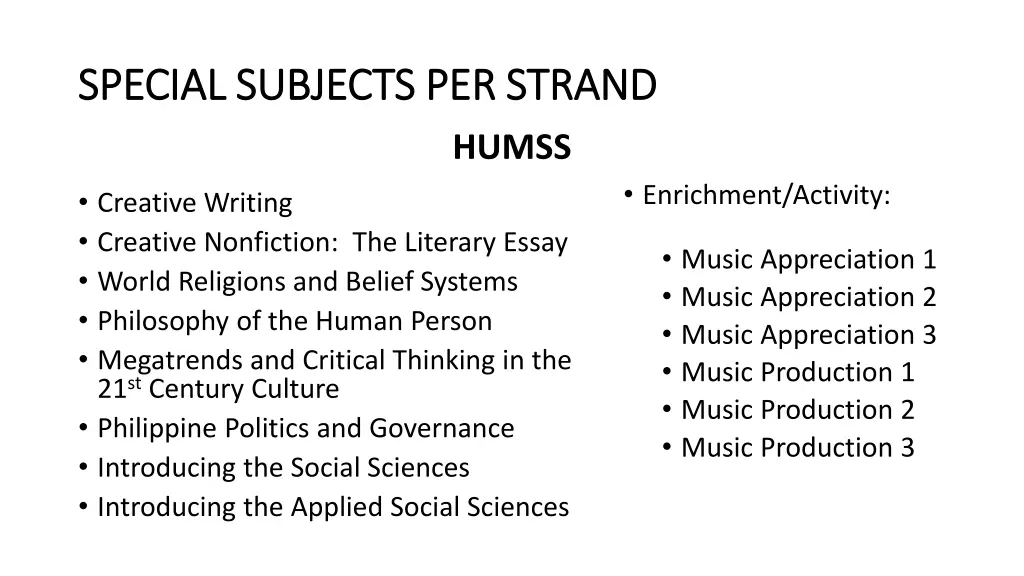 special subjects per strand special subjects 2