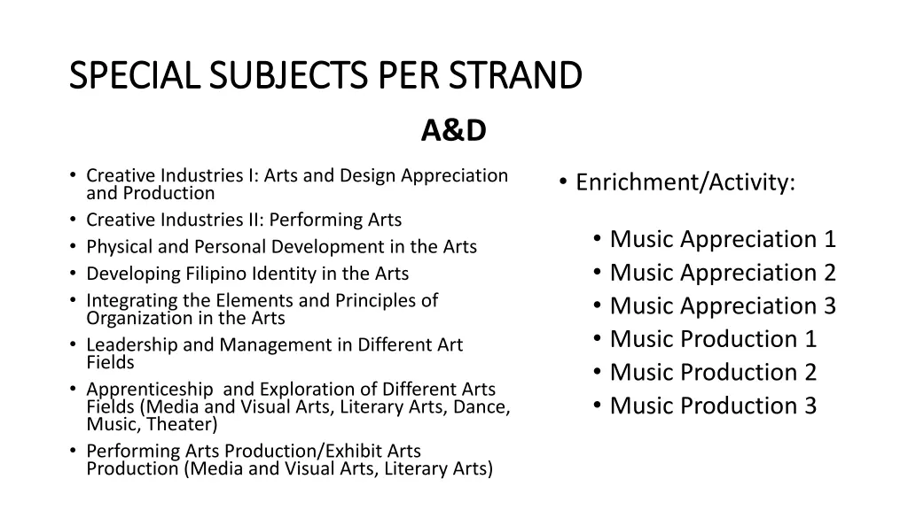 special subjects per strand special subjects 3