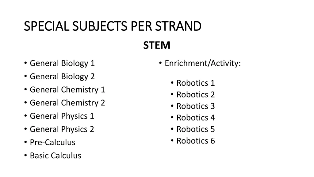 special subjects per strand special subjects