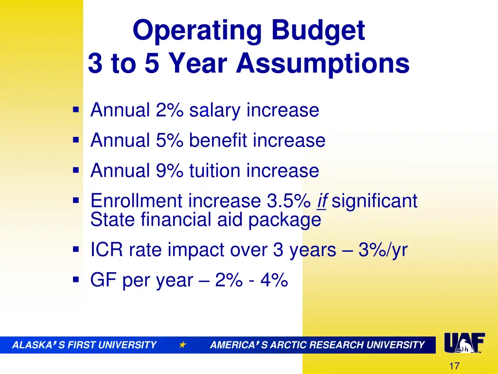 operating budget 3 to 5 year assumptions