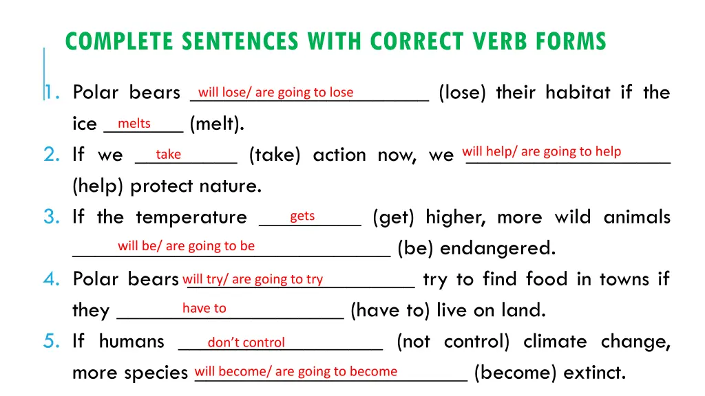 complete sentences with correct verb forms