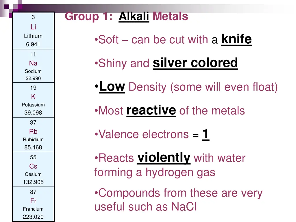 group 1 alkali metals