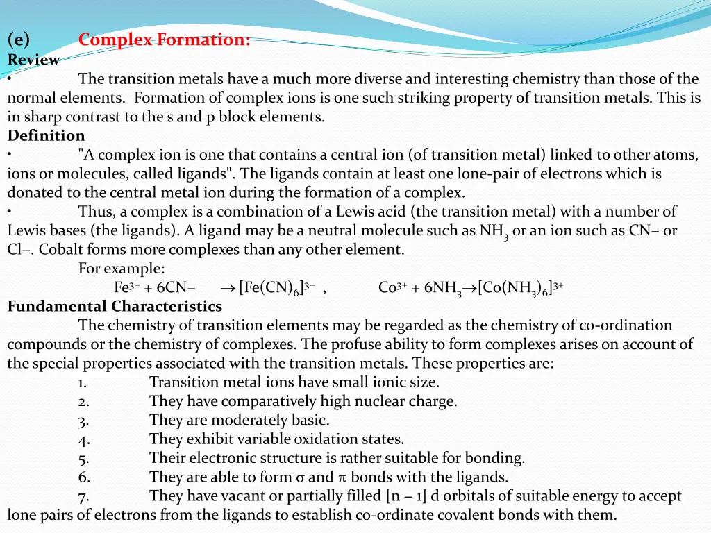 e review normal elements formation of complex