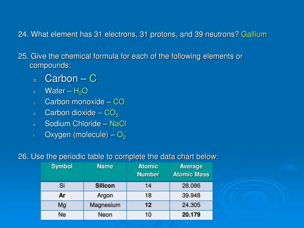 24 what element has 31 electrons 31 protons