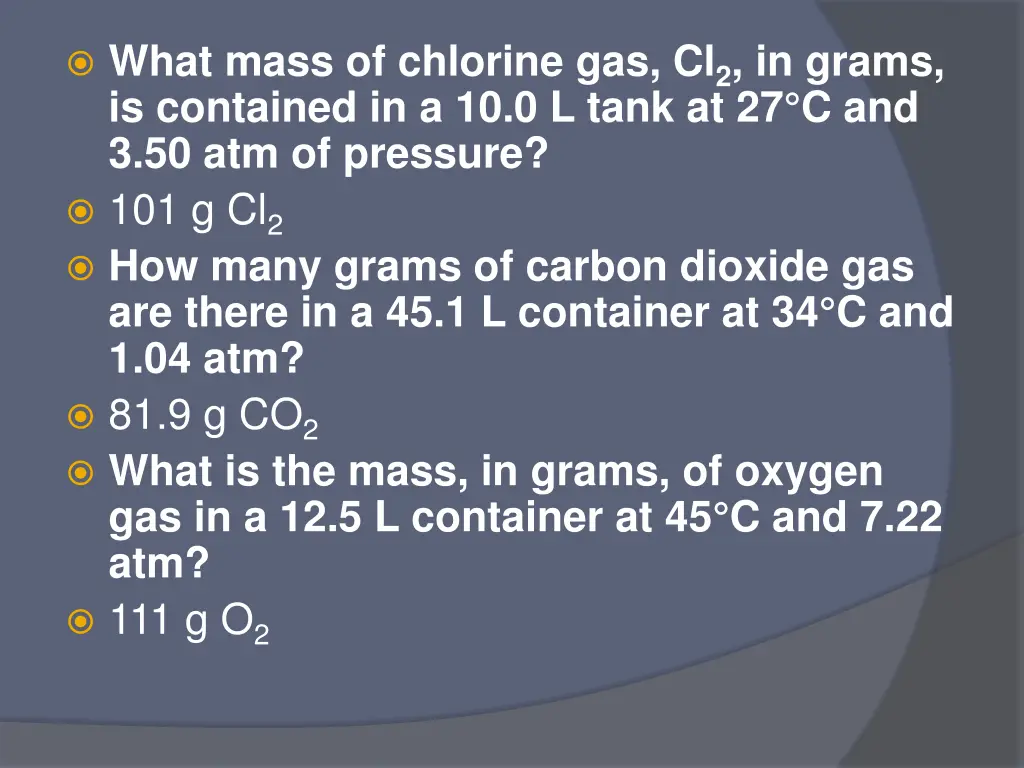 what mass of chlorine gas cl 2 in grams