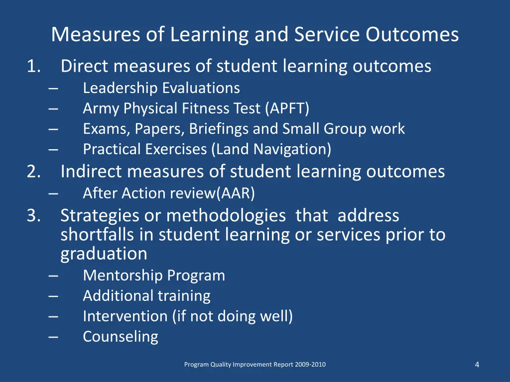 measures of learning and service outcomes