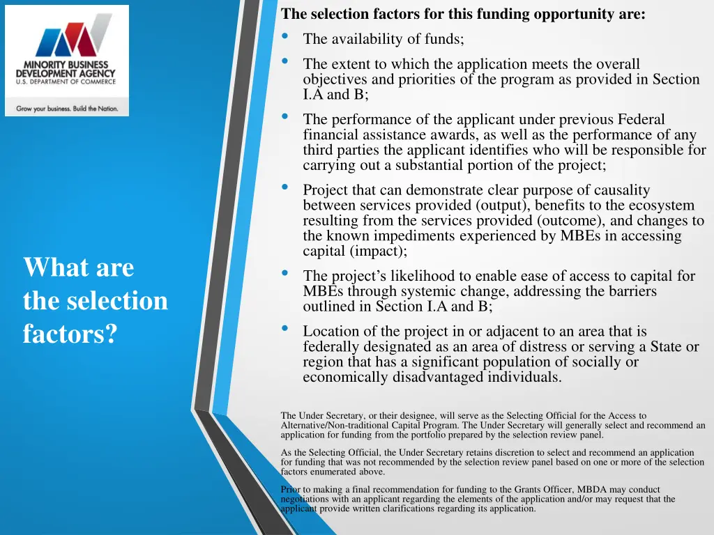 the selection factors for this funding