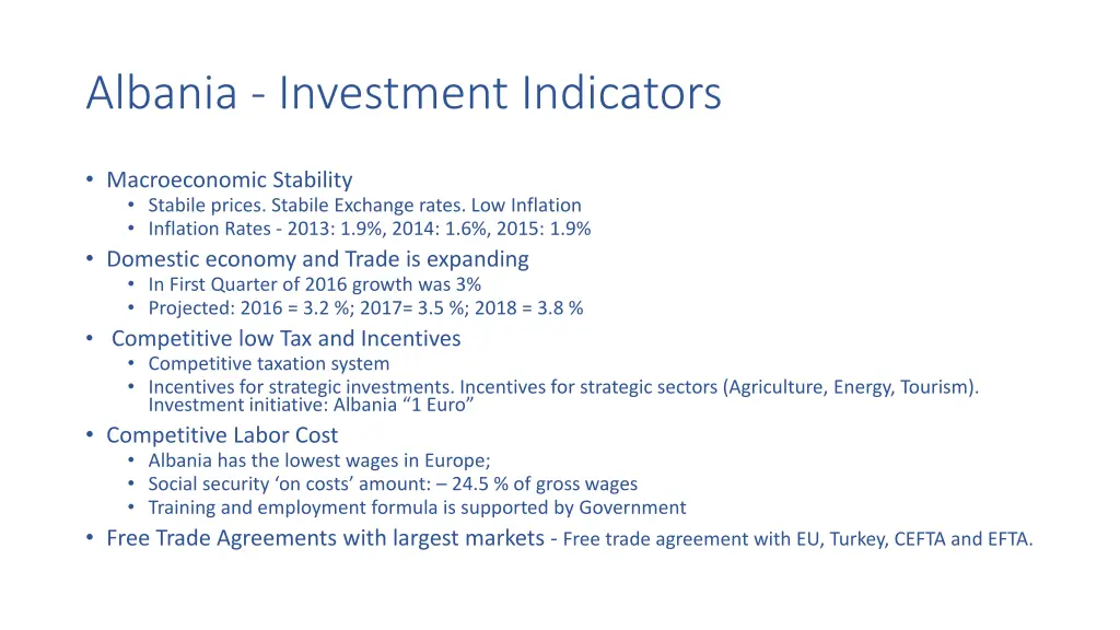 albania investment indicators