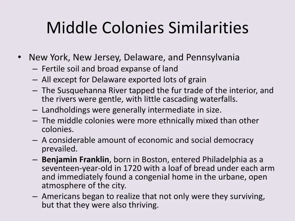 middle colonies similarities