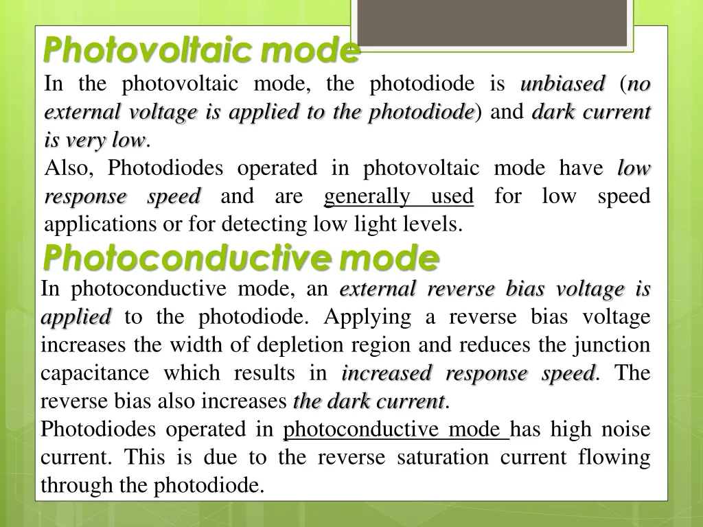 photovoltaic mode in the photovoltaic mode