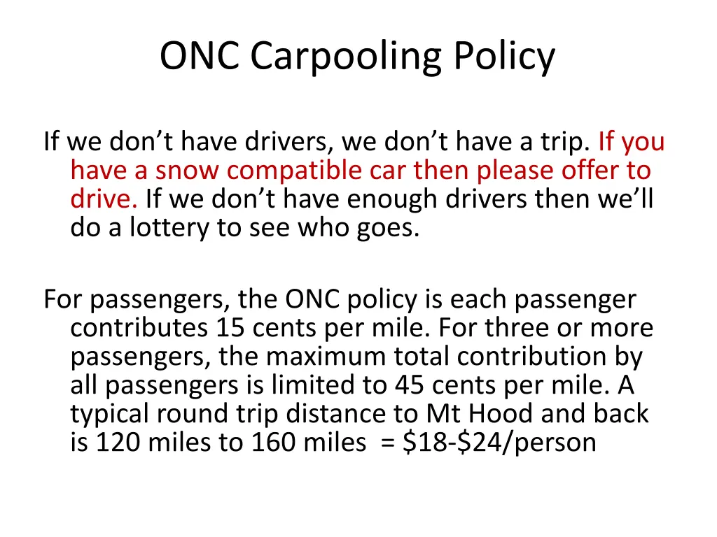 onc carpooling policy