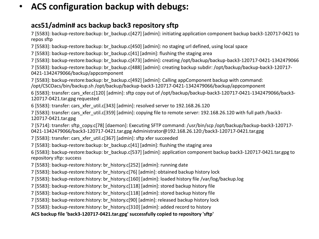 acs configuration backup with debugs