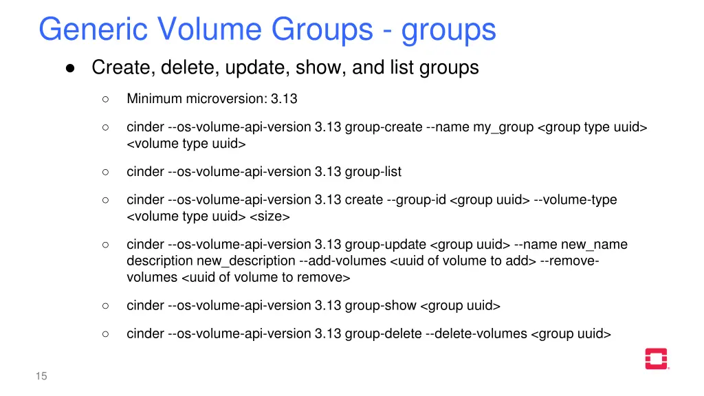 generic volume groups groups create delete update