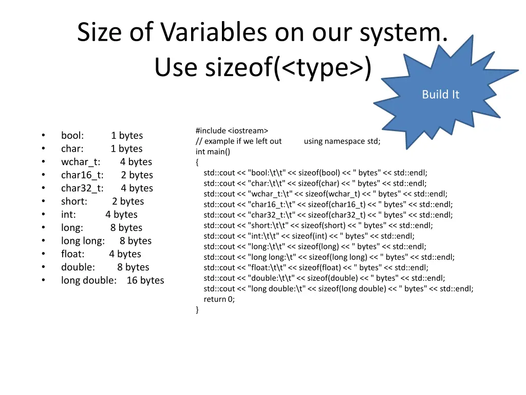 size of variables on our system use sizeof type