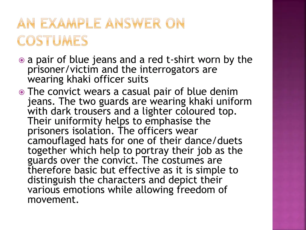 an example answer on costumes