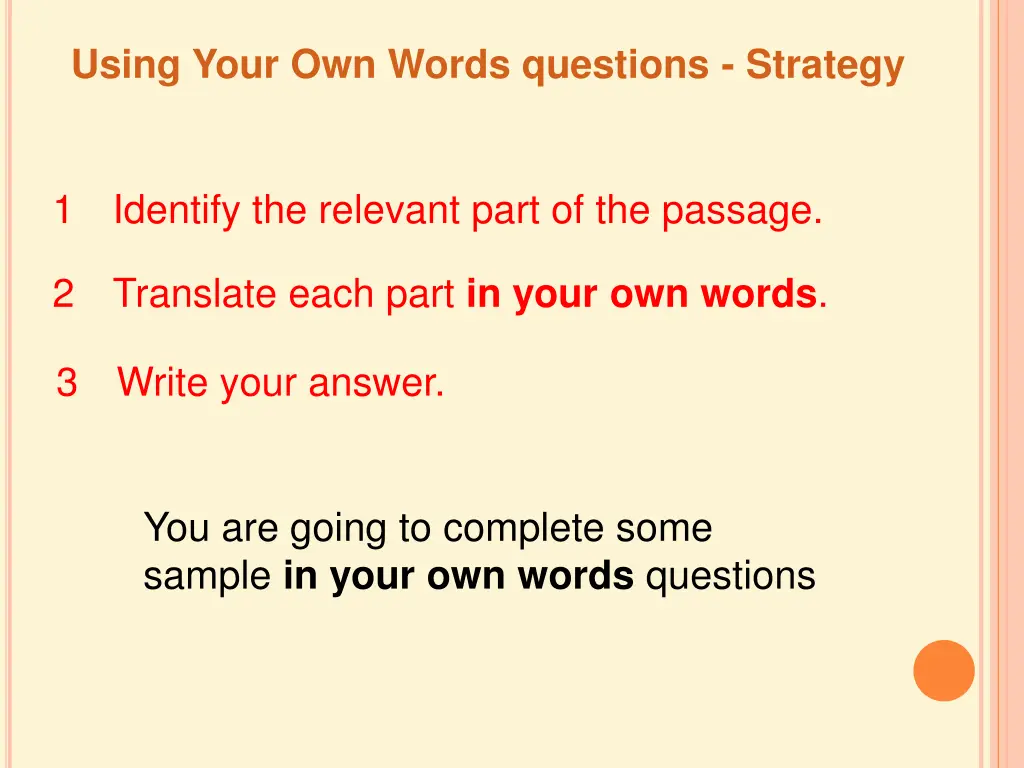 using your own words questions strategy