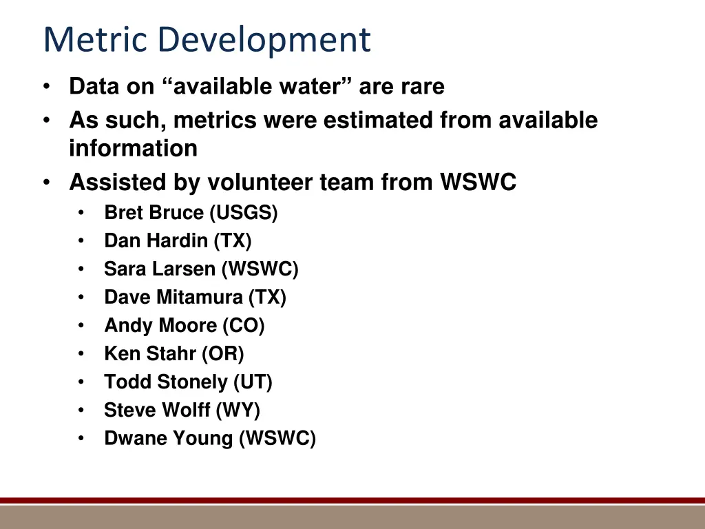 metric development data on available water