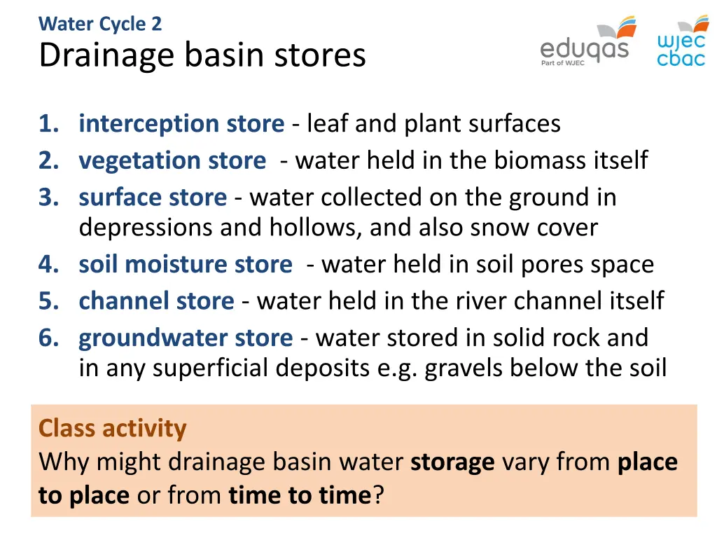 water cycle 2 drainage basin stores