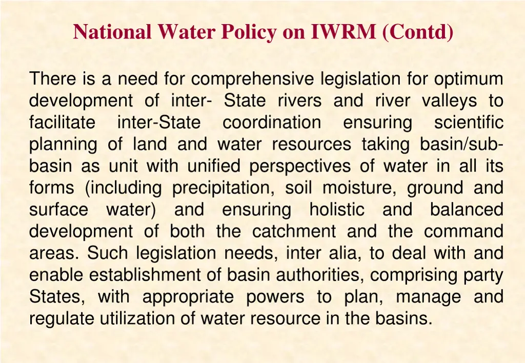 national water policy on iwrm contd