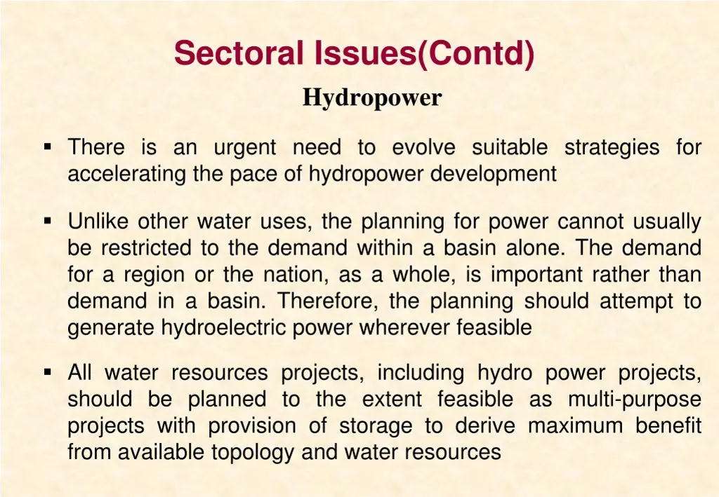 sectoral issues contd hydropower