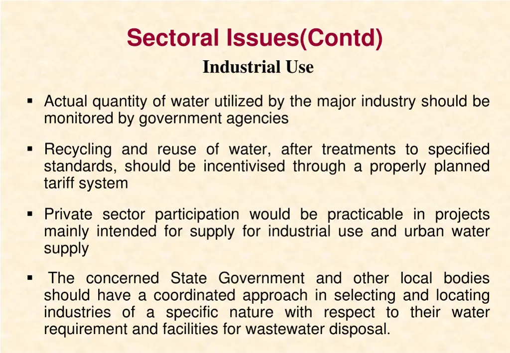 sectoral issues contd industrial use