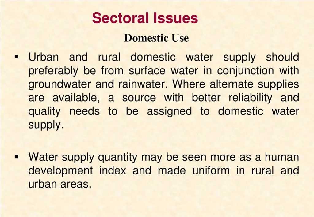 sectoral issues domestic use