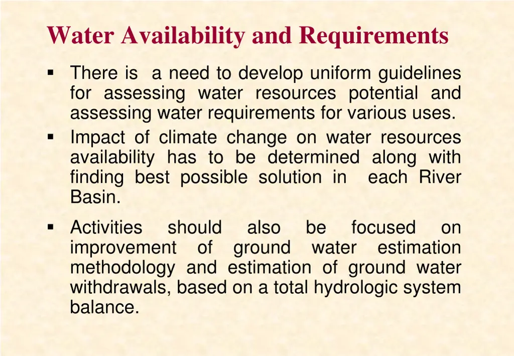 water availability and requirements