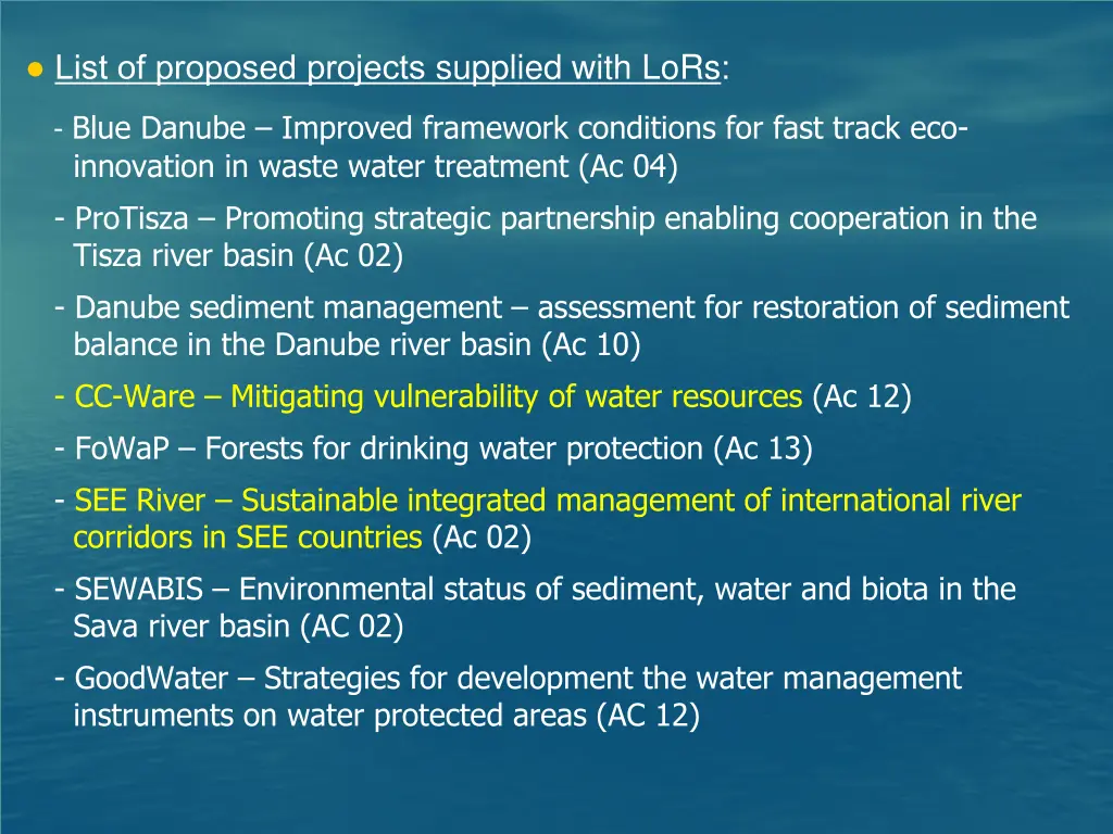 list of proposed projects supplied with lors