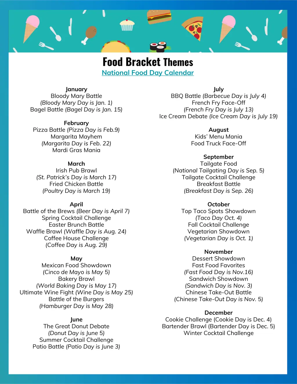 food bracket themes national food day calendar