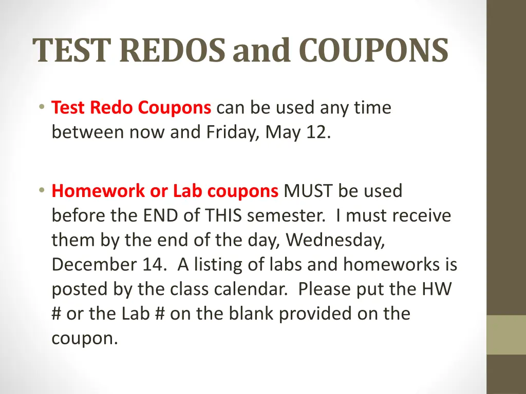 test redos and coupons