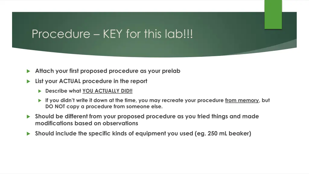 procedure key for this lab