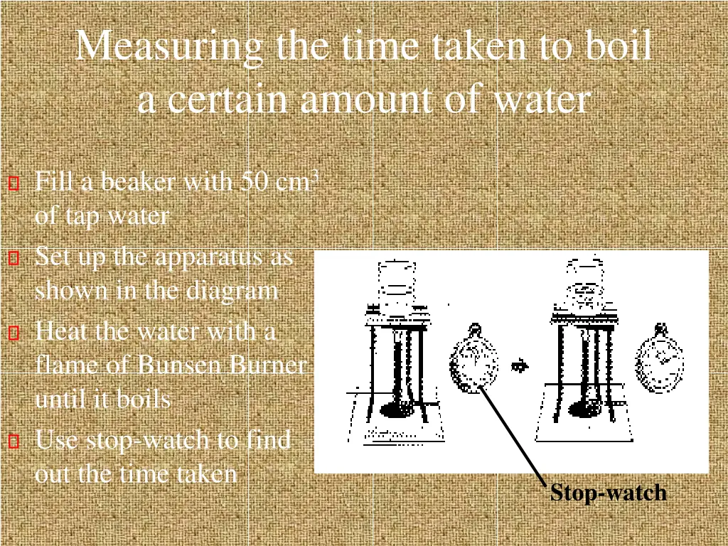 measuring the time taken to boil a certain amount