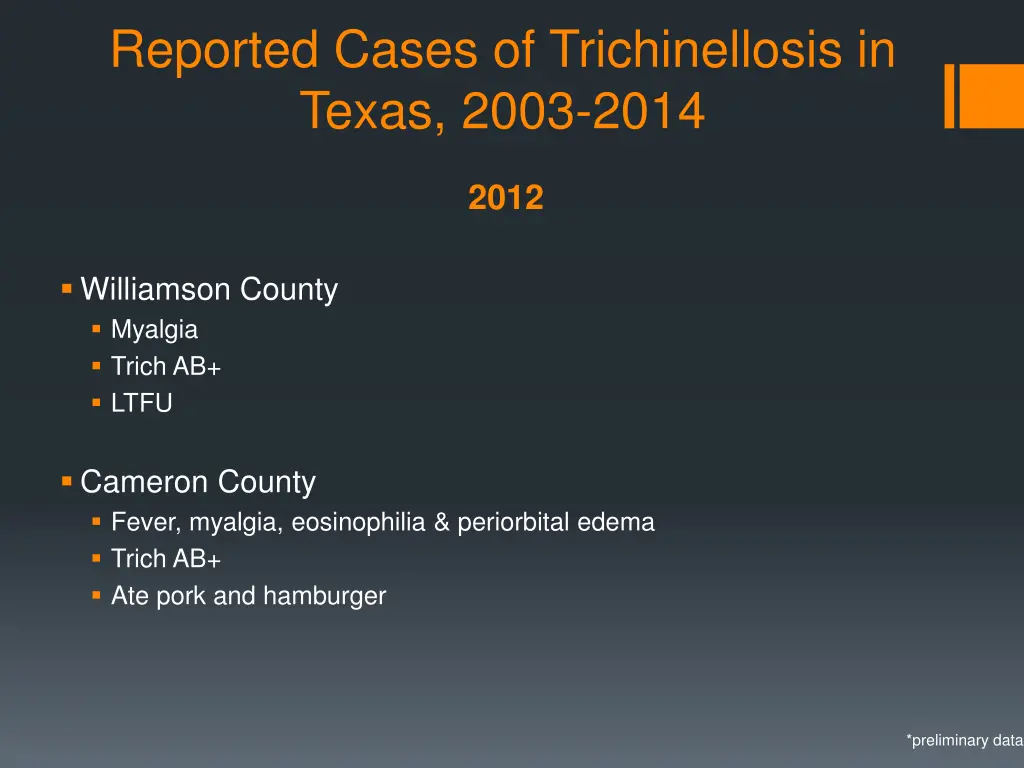 reported cases of trichinellosis in texas 2003