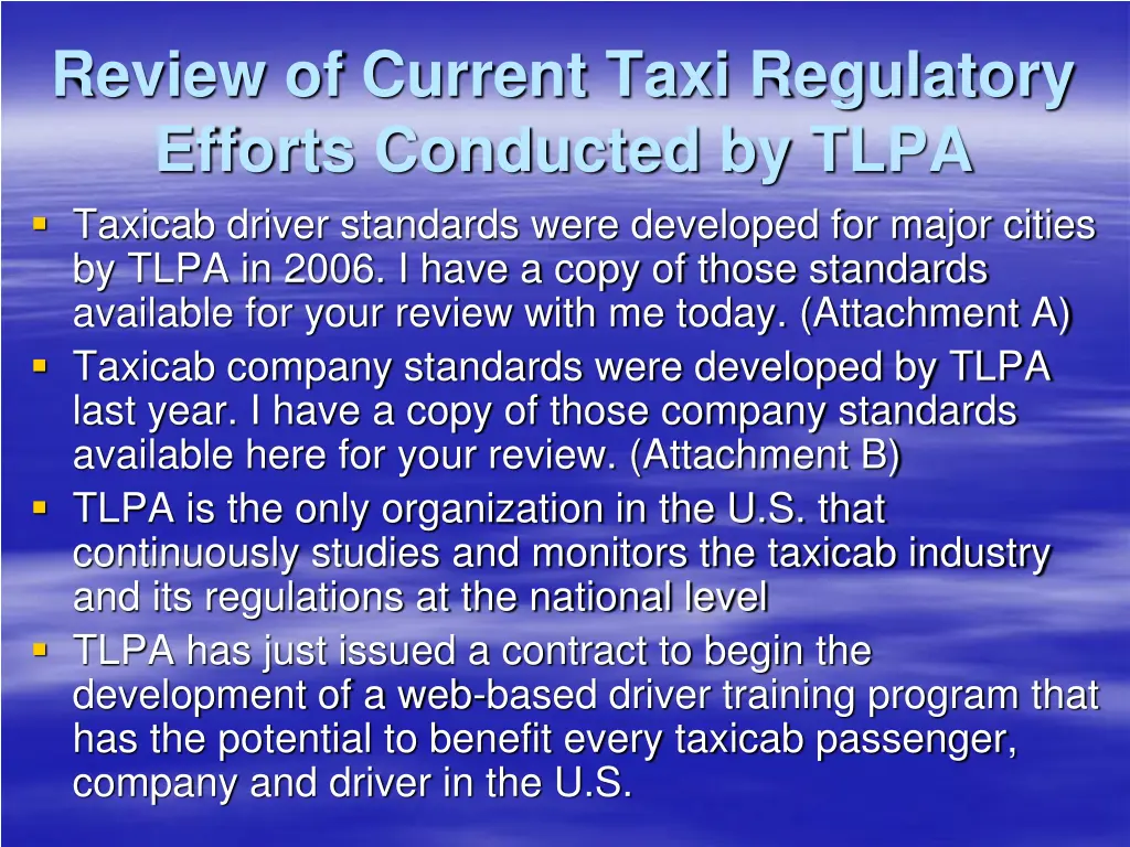 review of current taxi regulatory efforts