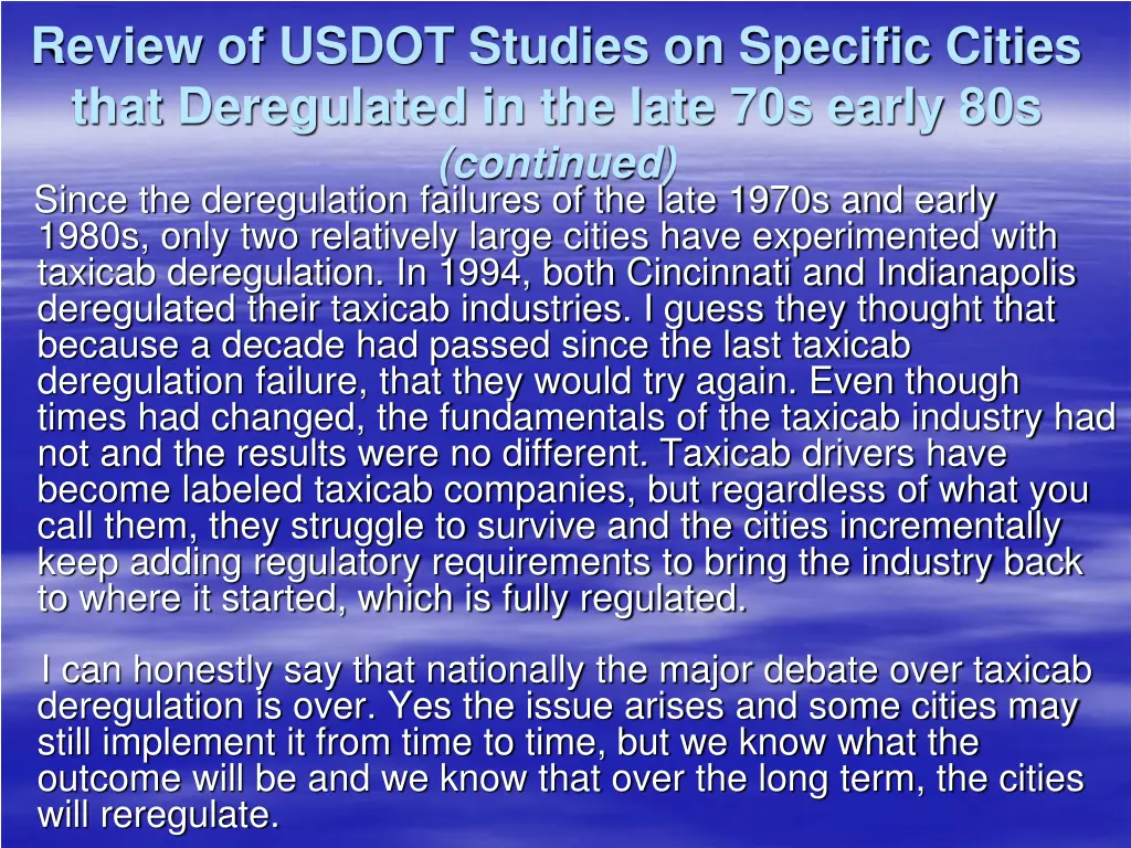 review of usdot studies on specific cities that 2