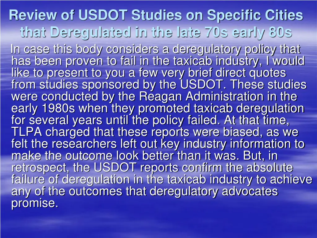 review of usdot studies on specific cities that