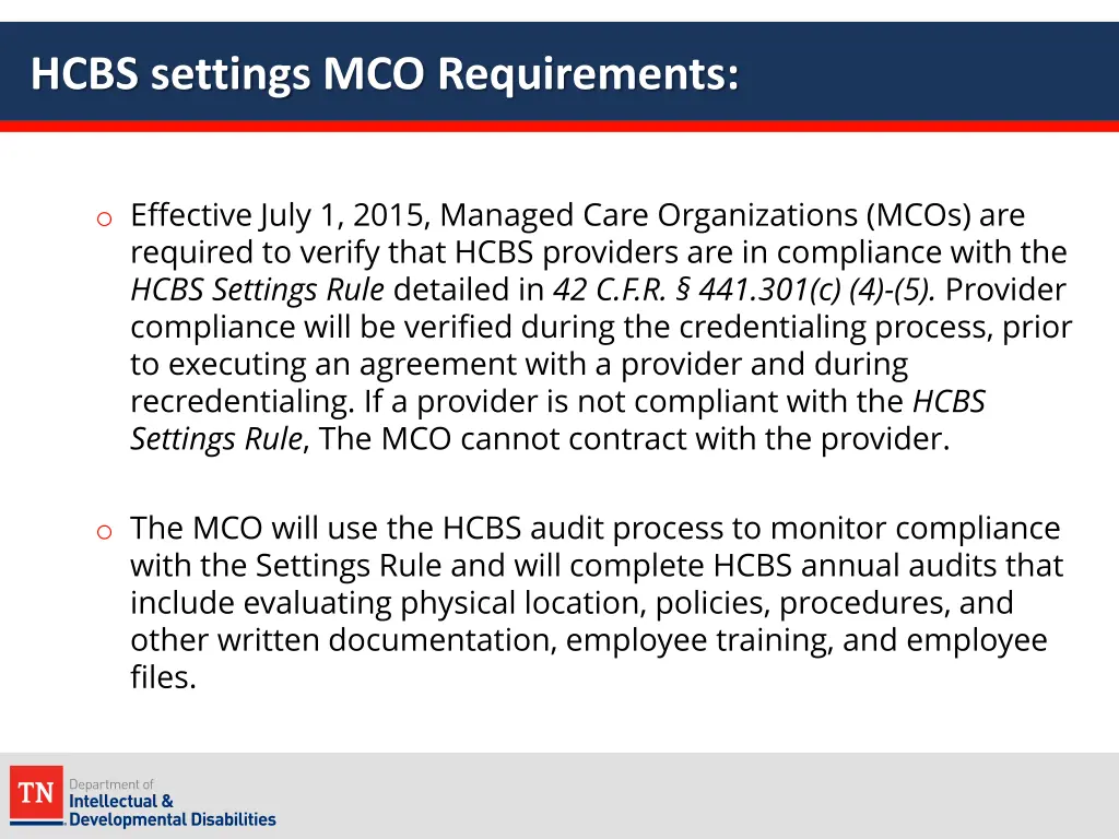 hcbs settings mco requirements