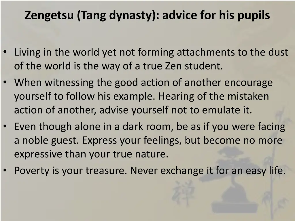 zengetsu tang dynasty advice for his pupils