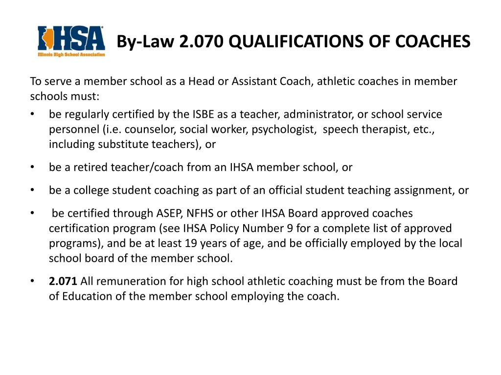 by law 2 070 qualifications of coaches