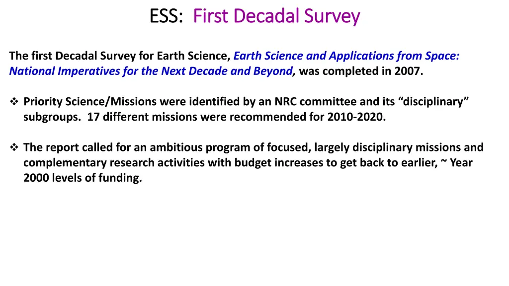 ess ess first decadal survey first decadal survey