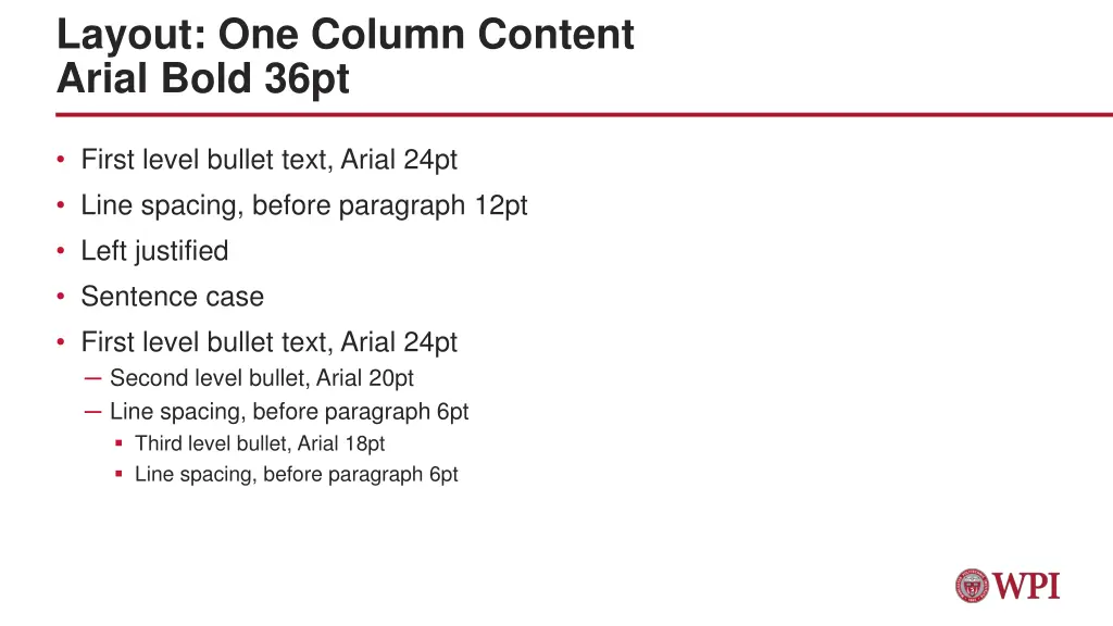 layout one column content arial bold 36pt