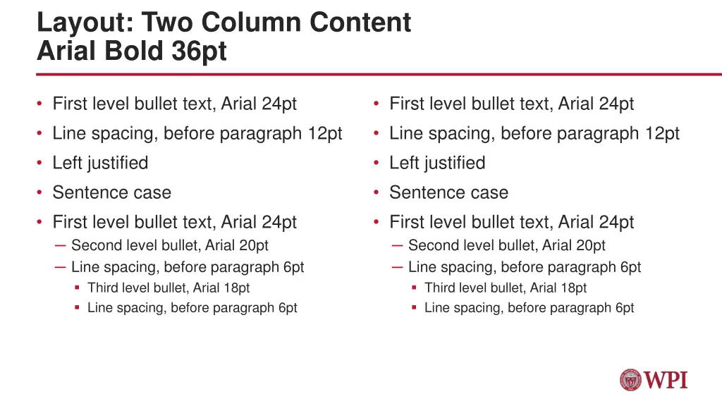 layout two column content arial bold 36pt