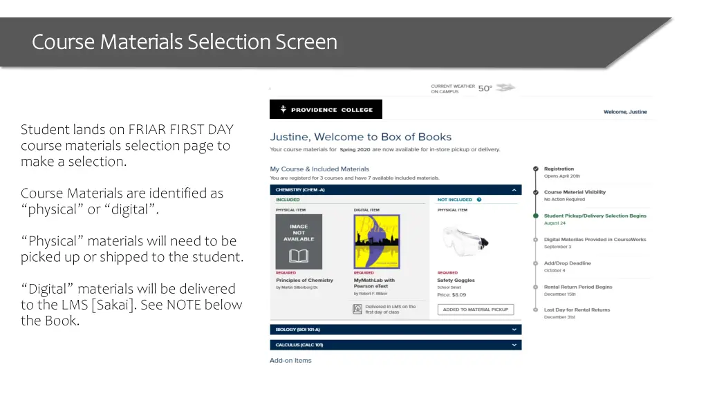 course materials selection screen course