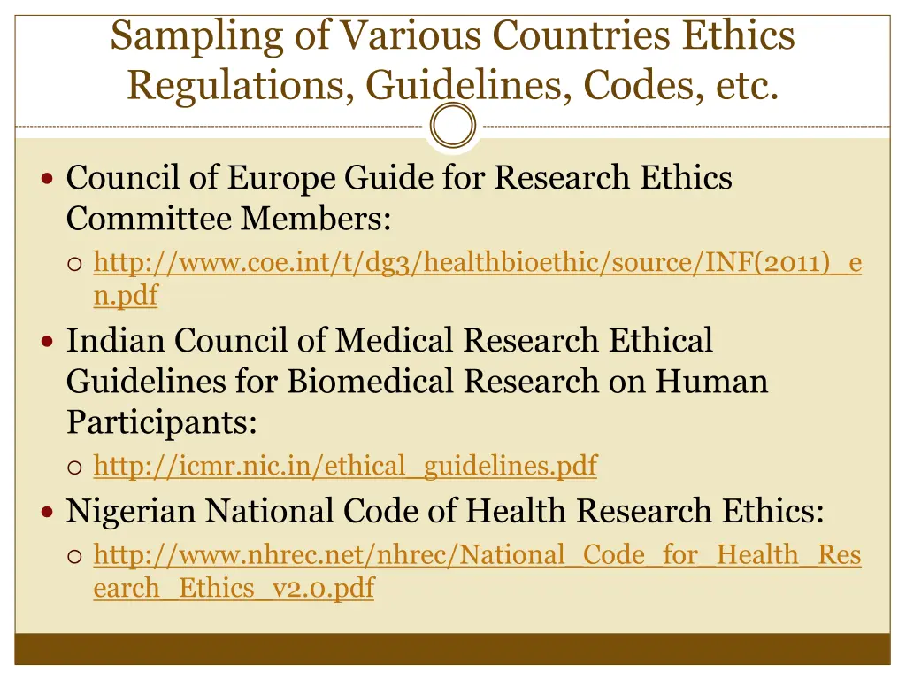 sampling of various countries ethics regulations