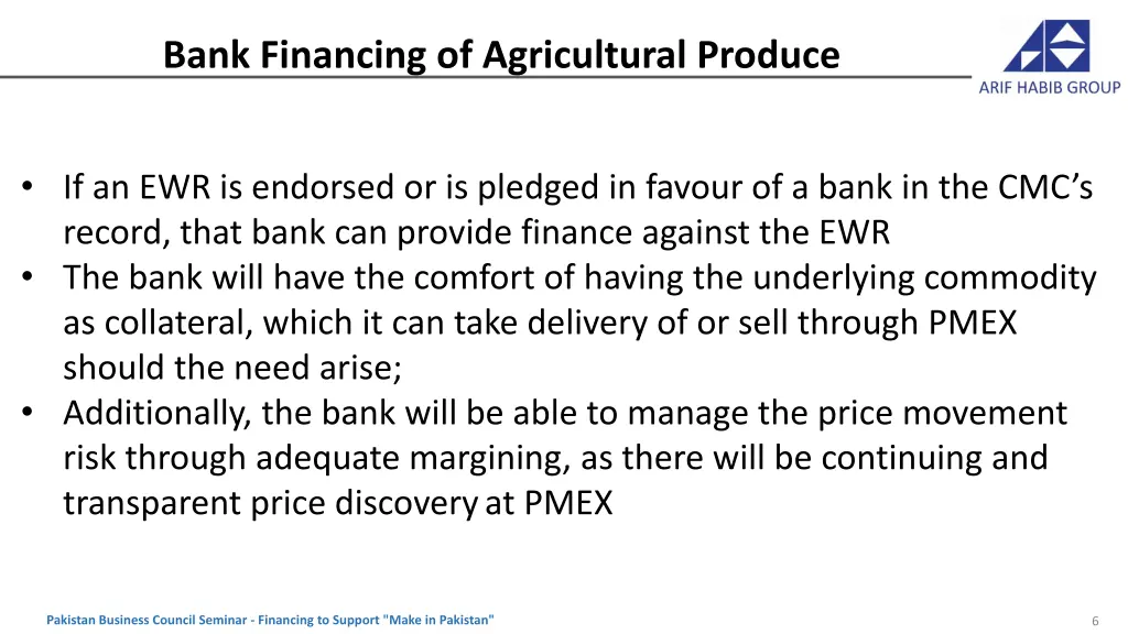 bank financing of agricultural produce