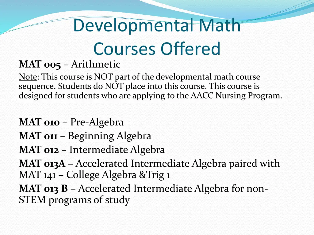 developmental math courses offered