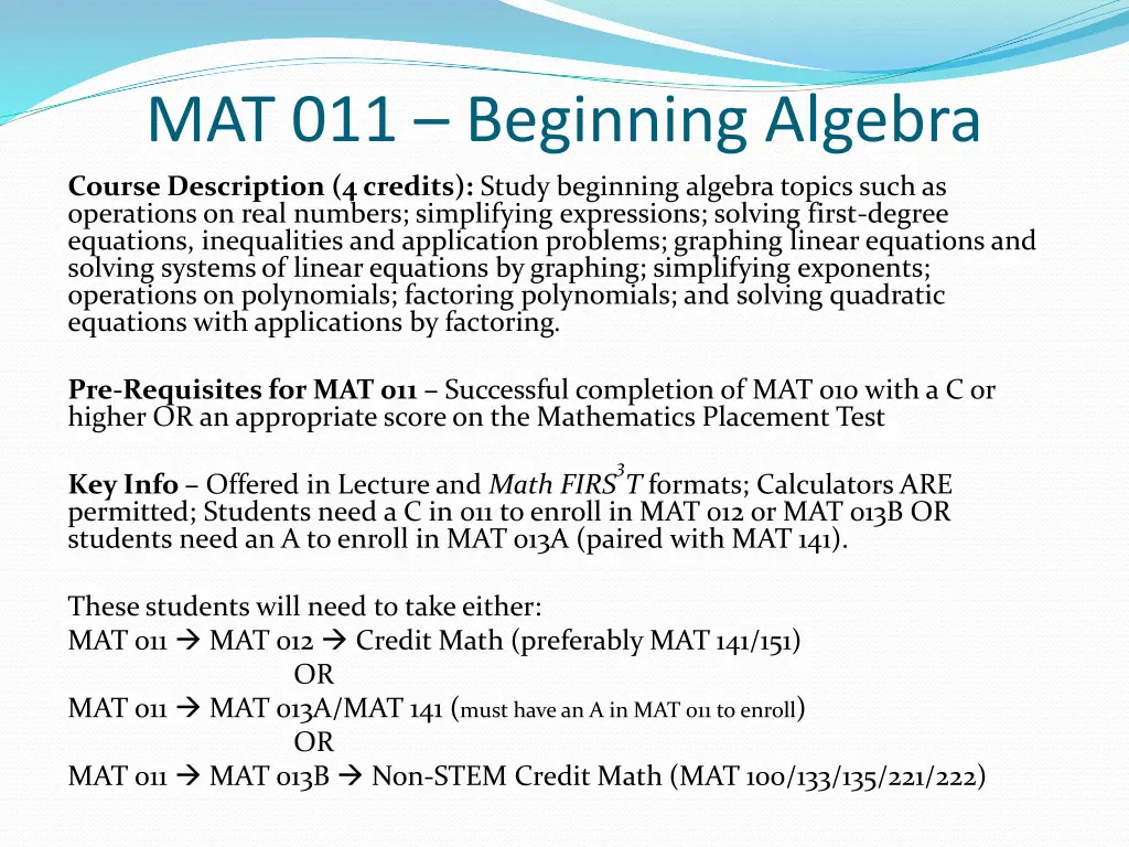 mat 011 beginning algebra