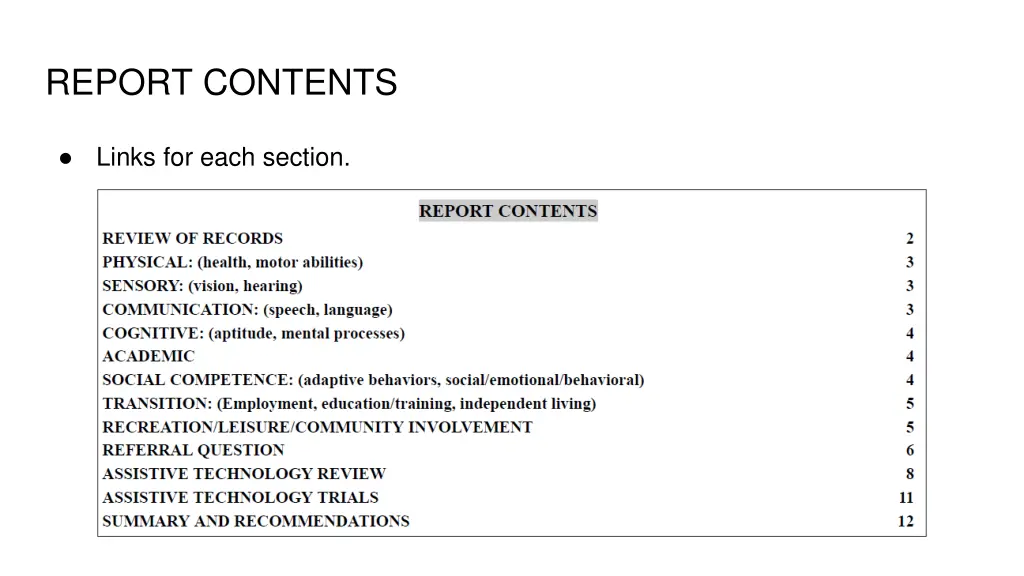 report contents