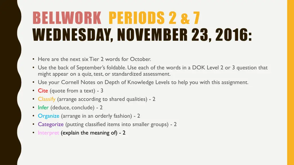 bellwork periods 2 7 wednesday november 23 2016